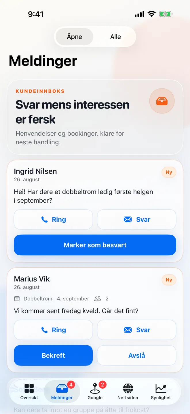 Appen: henvendelser og bookingforespørsler med knapper for å ringe og svare