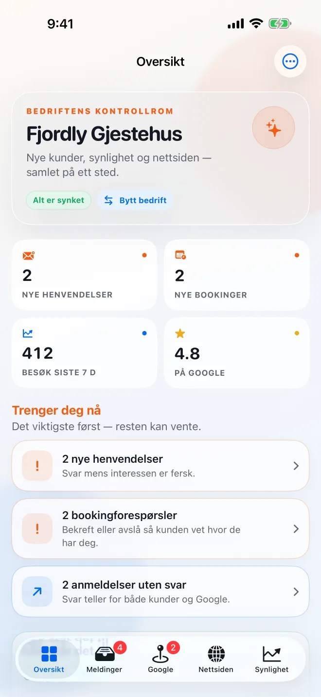 Appen: oversikten over nye henvendelser, bookinger, besøk og Google-vurdering
