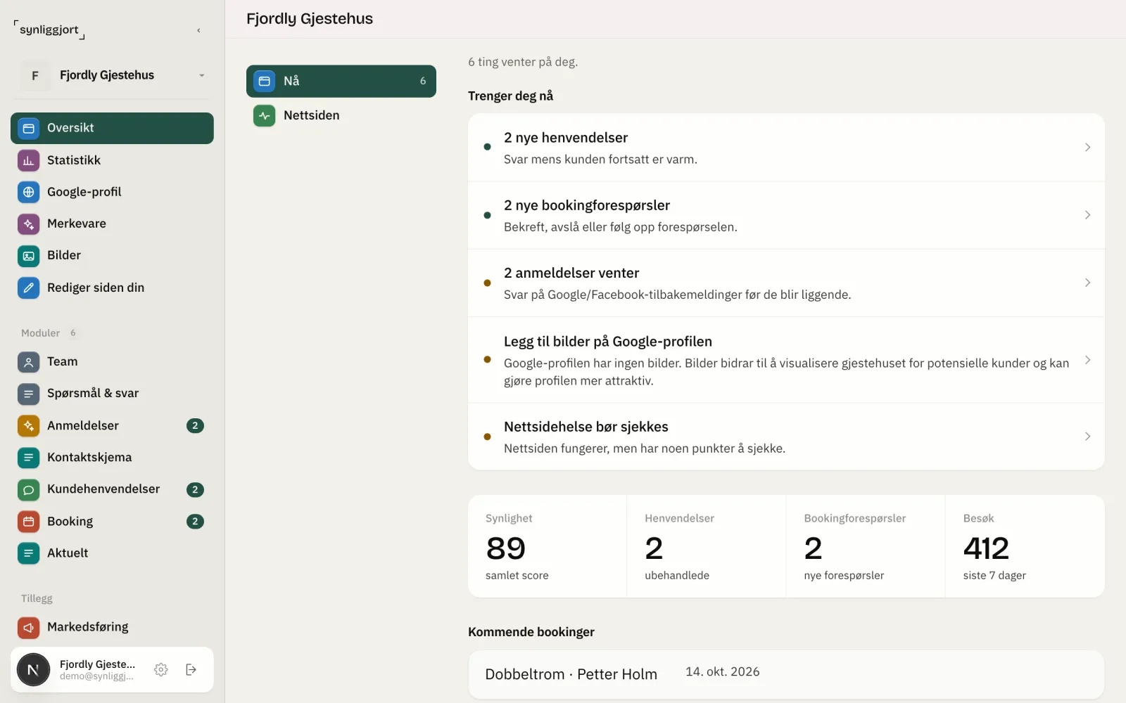 Oversikten i Min side med nye henvendelser, bookingforespørsler og besøkstall
